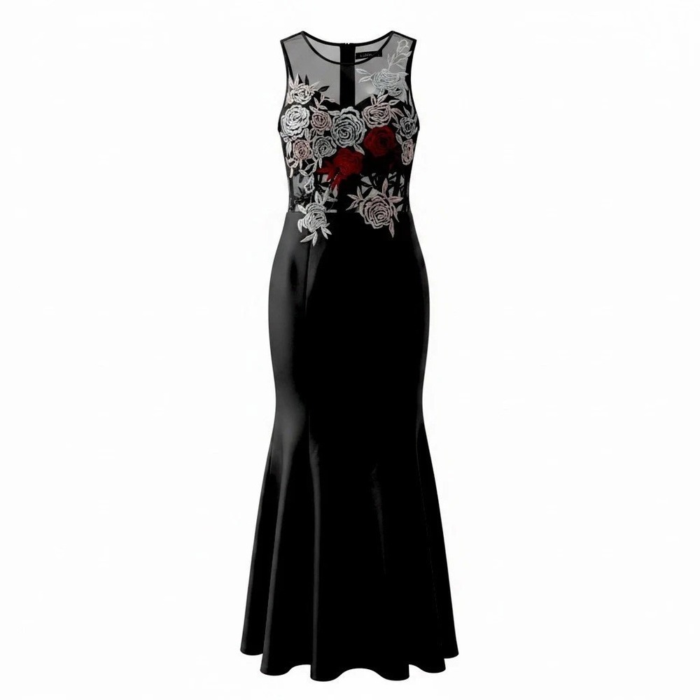 Xscape Evenings Women's Black Long Gown Floral Embroidery Mesh Top Size 2